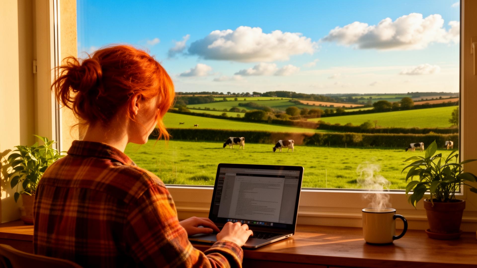 Audrey Anne, fondatrice du studio web AA, à son bureau face à la campagne normande